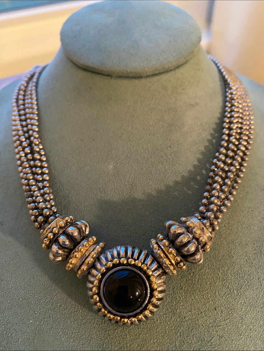 Statement Multi-Strand Silver Tone Beaded Necklace - Bib Collar